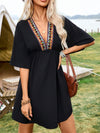 Embroidered Plunge Half Sleeve Mini Dress Black Casual Dresses - Tophatter Daily Deals