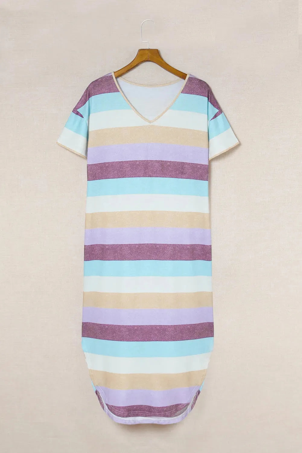 Striped V-Neck Curved Hem Midi Dress Casual Dresses - Tophatter Daily Deals