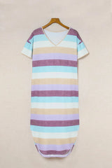 Striped V-Neck Curved Hem Midi Dress Casual Dresses - Tophatter Daily Deals