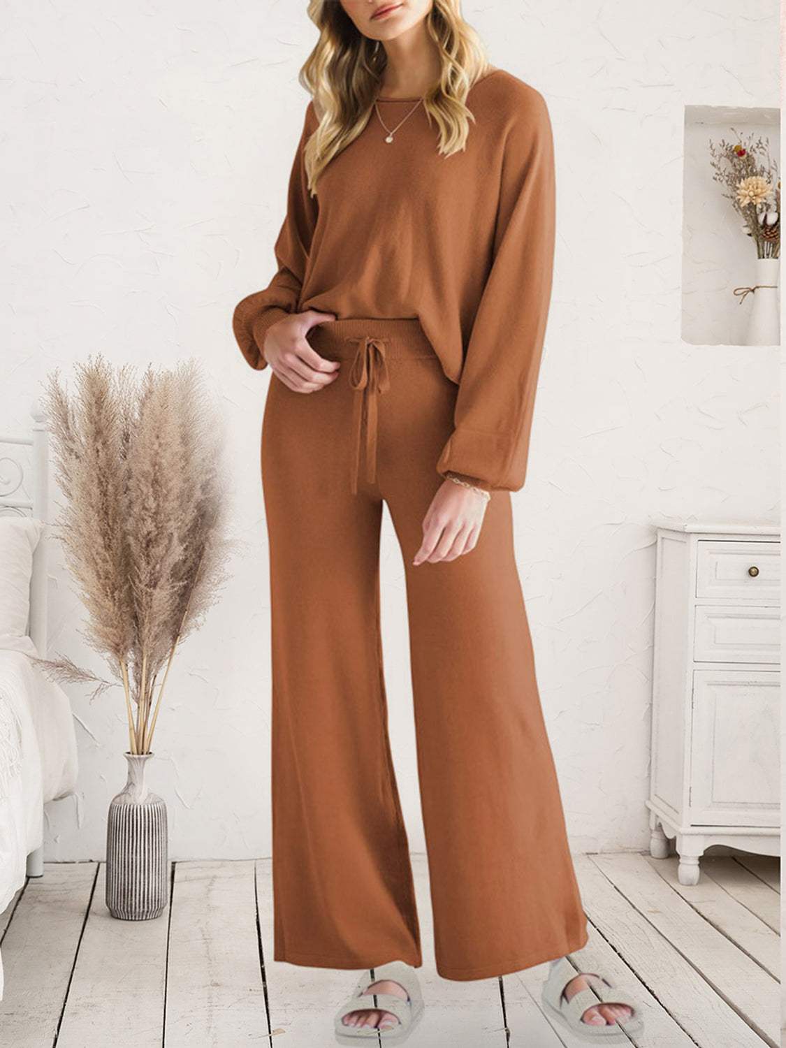 Long Sleeve Lounge Top and Drawstring Pants Set Caramel Loungewear Sets - Tophatter Daily Deals