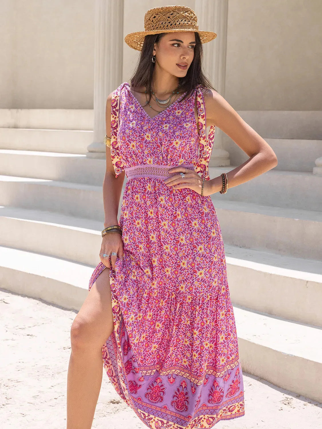 Tied Printed V-Neck Sleeveless Dress Fuchsia Pink Casual Dresses - Tophatter Daily Deals