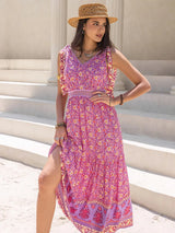 Tied Printed V-Neck Sleeveless Dress Fuchsia Pink Casual Dresses - Tophatter Daily Deals