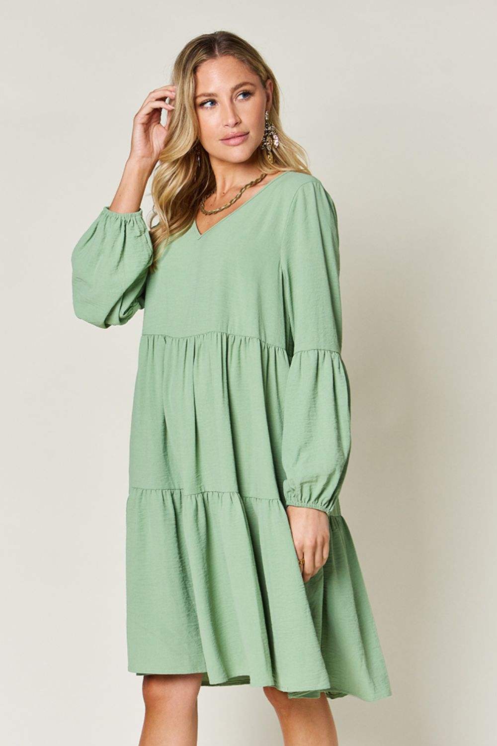 Double Take Full Size V-Neck Balloon Sleeve Tiered Dress Casual Dresses - Tophatter Daily Deals