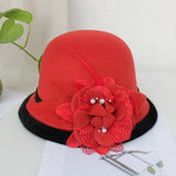Black Brim Woolen British Feather Flower Top Hat Red Adjustable 0 - Tophatter Daily Deals