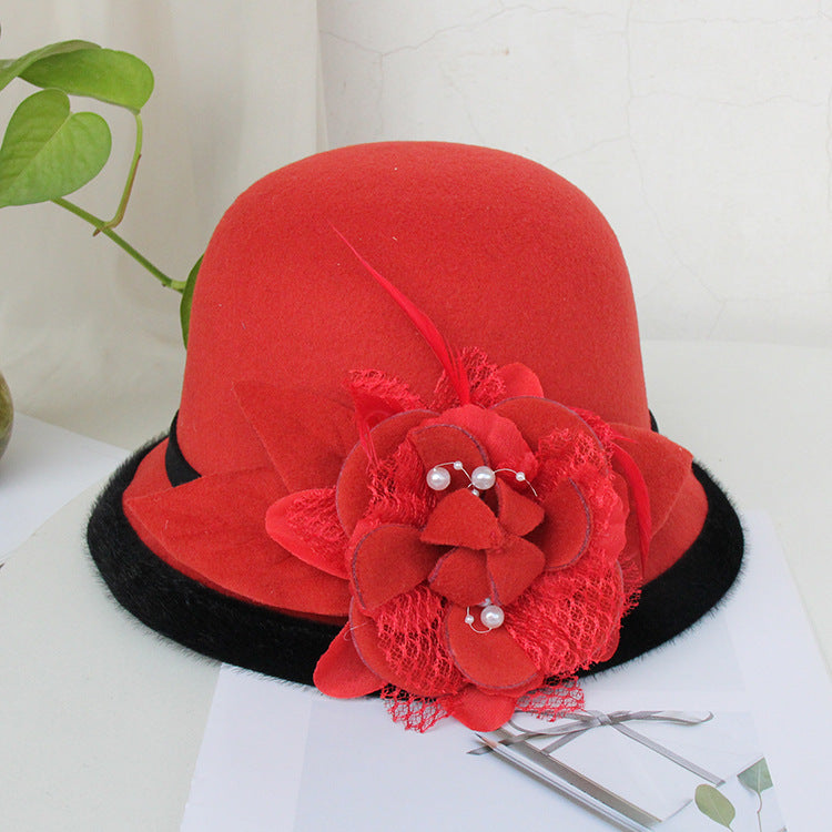 Black Brim Woolen British Feather Flower Top Hat Red Adjustable 0 - Tophatter Daily Deals