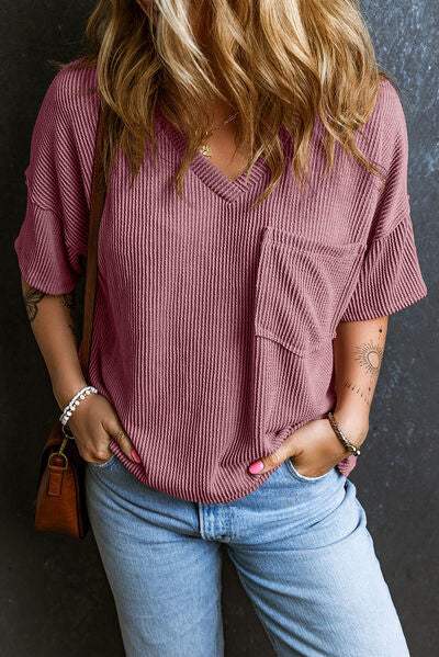 Textured V-Neck Dropped Shoulder T-Shirt Moonlit Mauve Women's T-Shirts - Tophatter Daily Deals