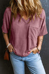 Textured V-Neck Dropped Shoulder T-Shirt Moonlit Mauve Women's T-Shirts - Tophatter Daily Deals