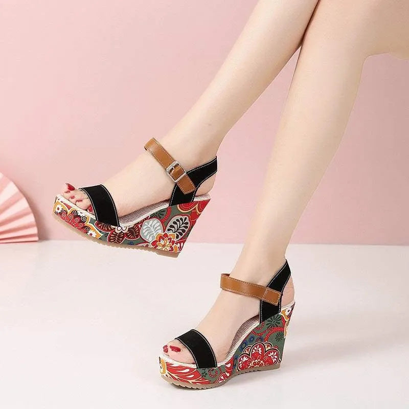 Fashion Flowers Embroidered High Wedge Sandals For Women Summer Toe Platform Buckle Shoes Humidifier - Tophatter Daily Deals