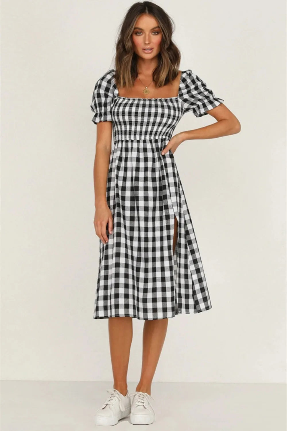 Full Size Slit Plaid Short Sleeve Midi Dress Black Casual Dresses - Tophatter Daily Deals