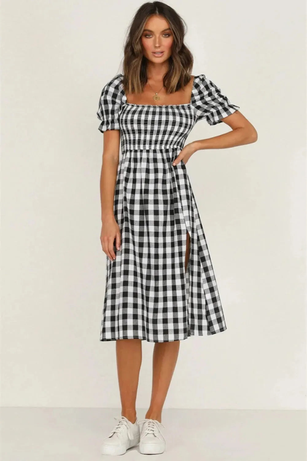 Full Size Slit Plaid Short Sleeve Midi Dress Black Casual Dresses - Tophatter Daily Deals