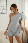 One Shoulder Asymmetry Top & Shorts Gray Loungewear Sets - Tophatter Daily Deals