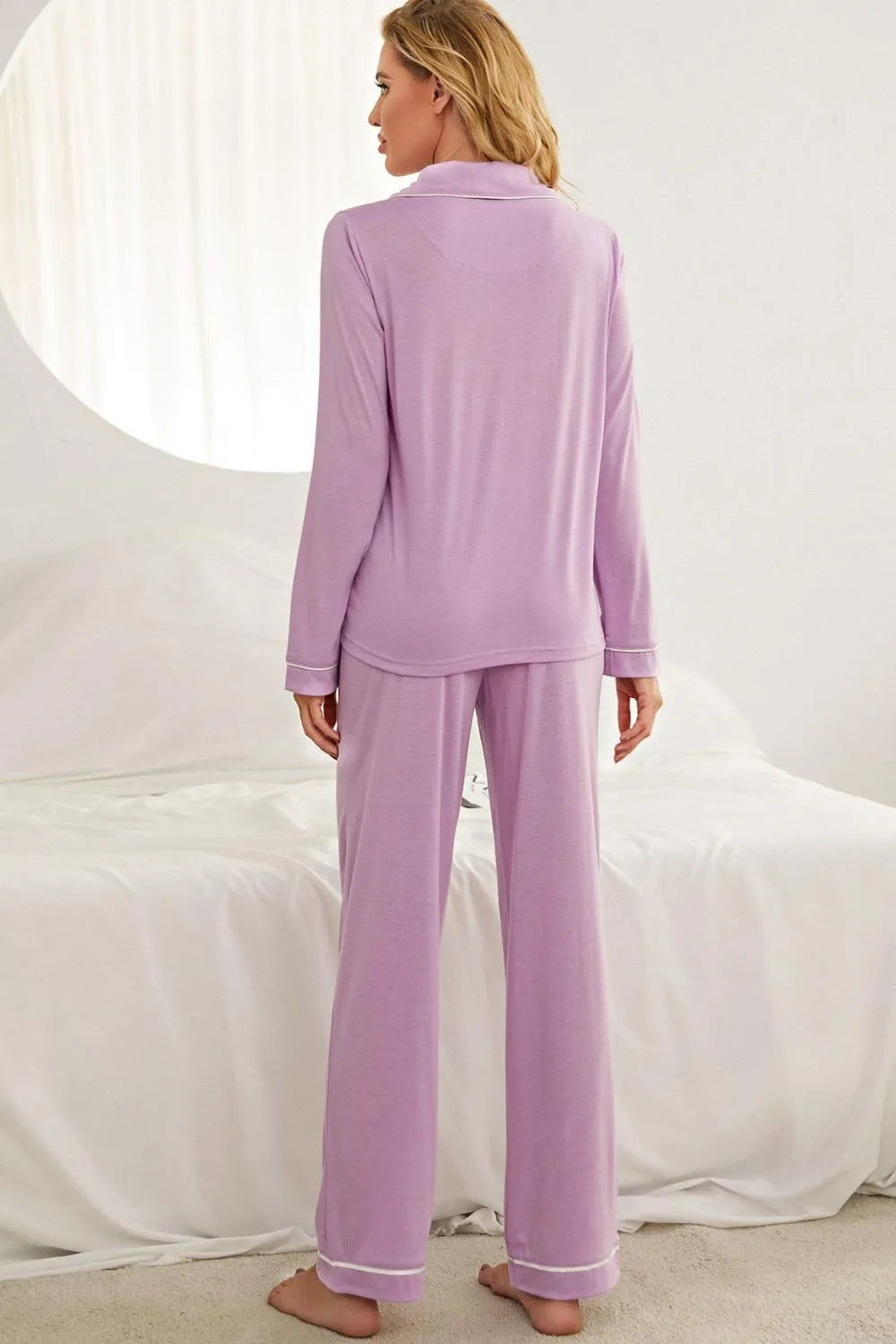 Contrast Piping Button Down Top and Pants Loungewear Set Loungewear Sets - Tophatter Daily Deals