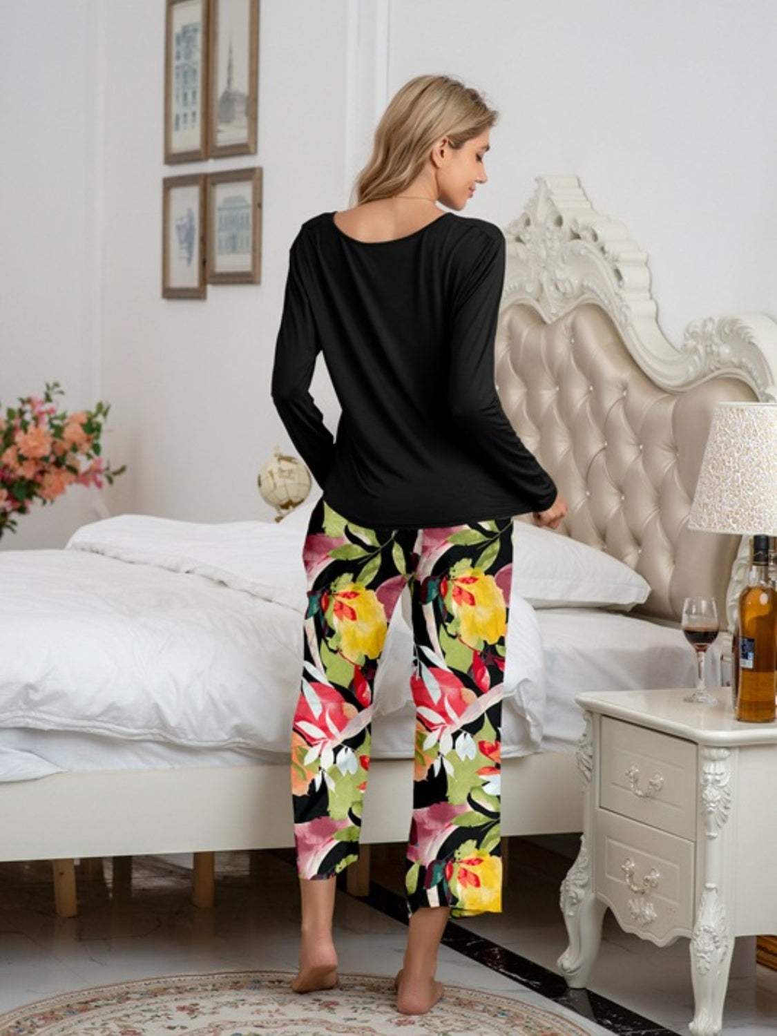 Round Neck Top and Printed Pants Lounge Set Loungewear Sets - Tophatter Daily Deals