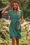 Belted Round Neck Petal Sleeve Mini Dress Mid Green Casual Dresses - Tophatter Daily Deals