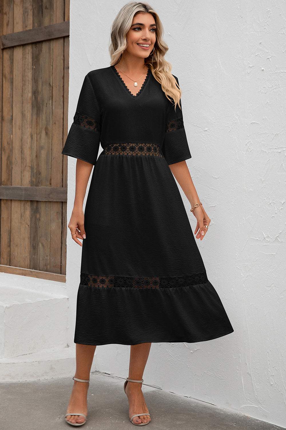 Cutout V-Neck Half Sleeve Midi Dress Casual Dresses - Tophatter Daily Deals