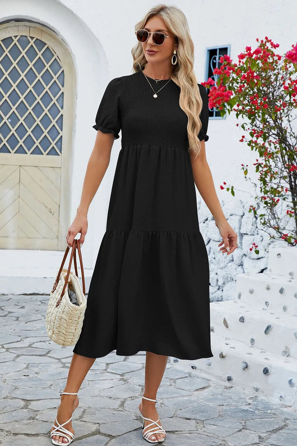 Smocked Round Neck Flounce Sleeve Midi Dress Casual Dresses - Tophatter Daily Deals