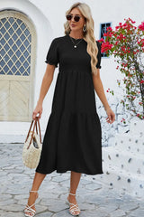 Smocked Round Neck Flounce Sleeve Midi Dress Casual Dresses - Tophatter Daily Deals