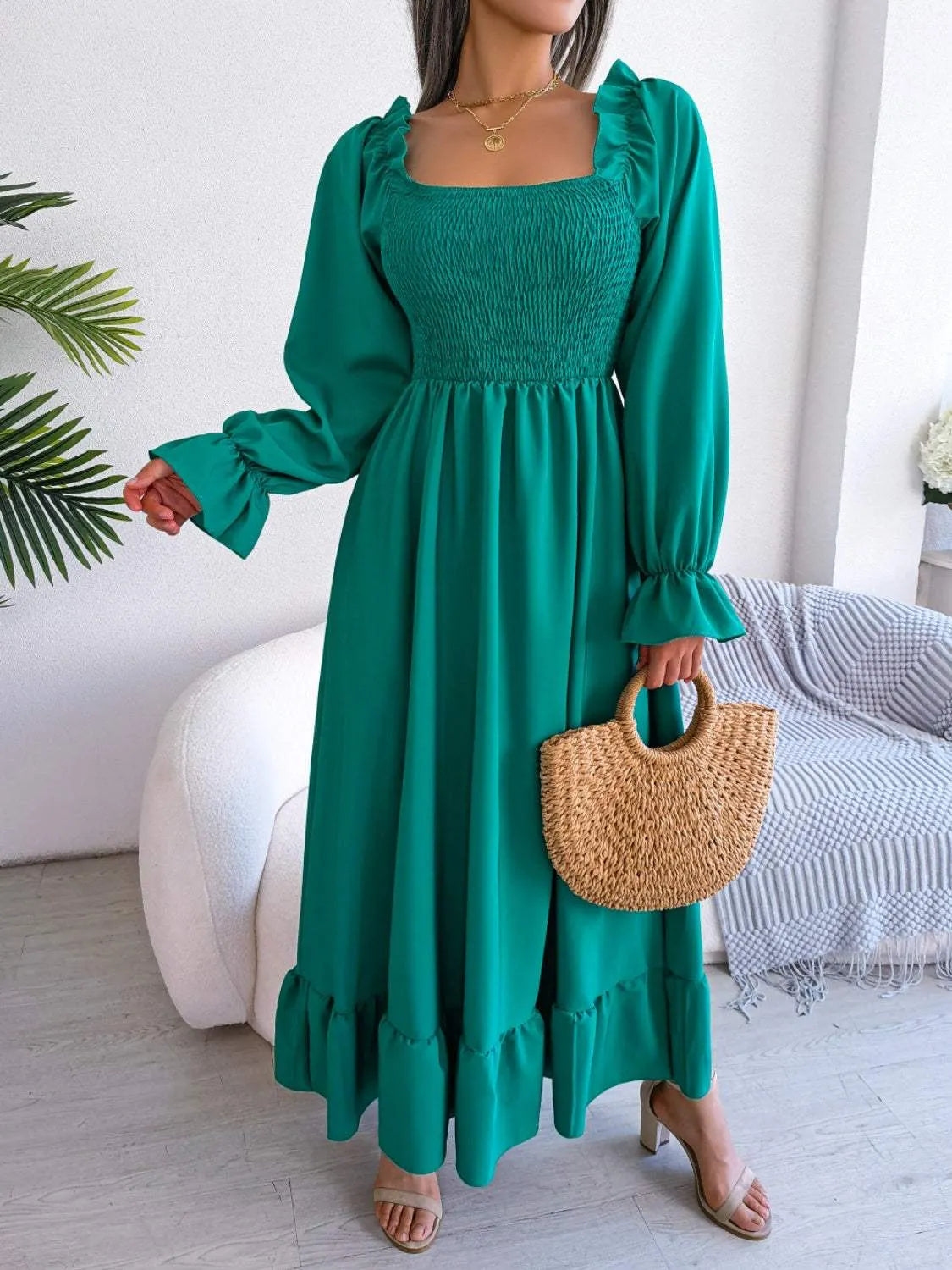 Smocked Square Neck Flounce Sleeve Dress Casual Dresses - Tophatter Daily Deals