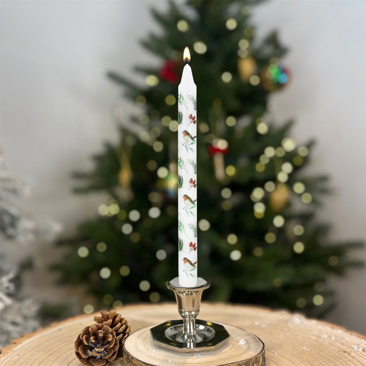 Robins & Rosehips Dinner Candle | Tall Unscented Taper Christmas Candle - 23cm Candle - Tophatter Daily Deals