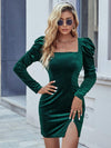 Square Neck Puff Sleeve Slit Mini Dress Green Cocktail Dresses - Tophatter Daily Deals