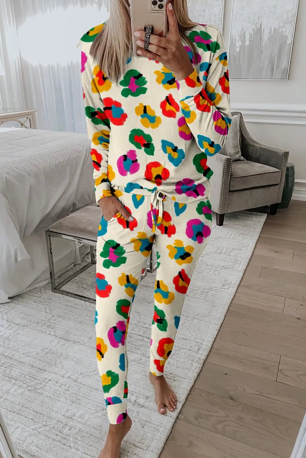 Apricot Leopard Print Long Sleeve Top and Skinny Pants Lounge Set Apricot 95%Polyester+5%Elastane Loungewear & Sleepwear/Loungewear - Tophatter Daily Deals