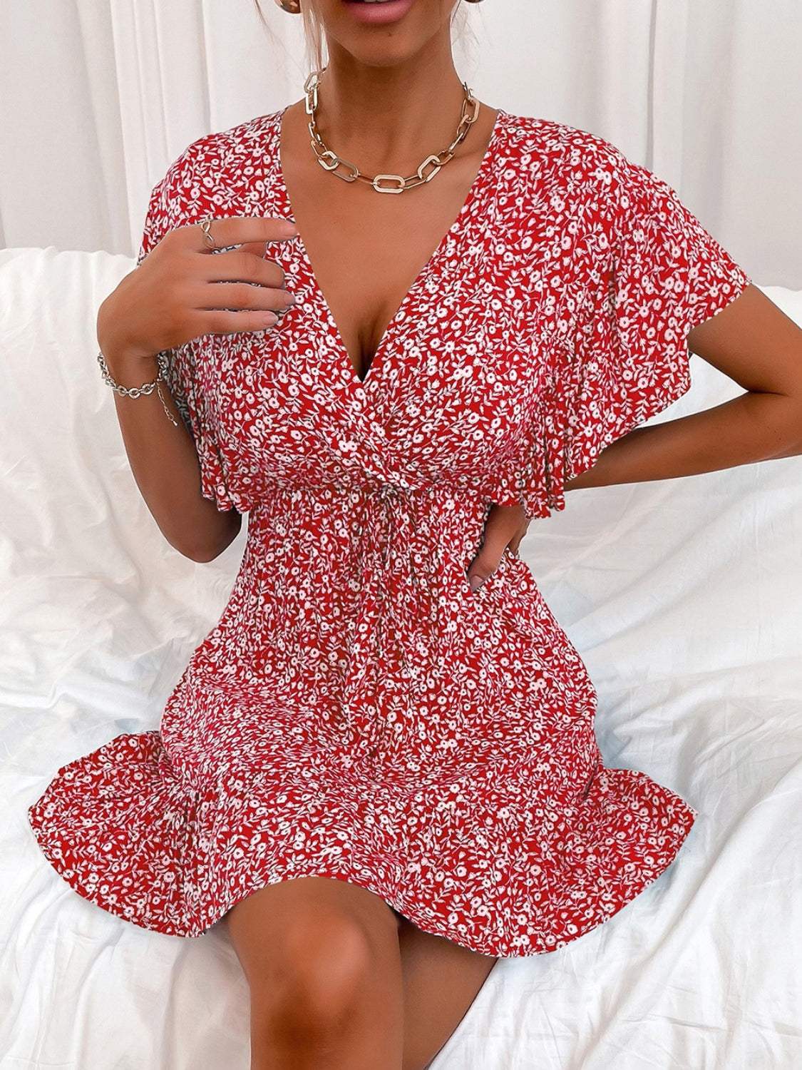 Cutout Ditsy Floral Surplice Flounce Sleeve Dress Casual Dresses - Tophatter Daily Deals