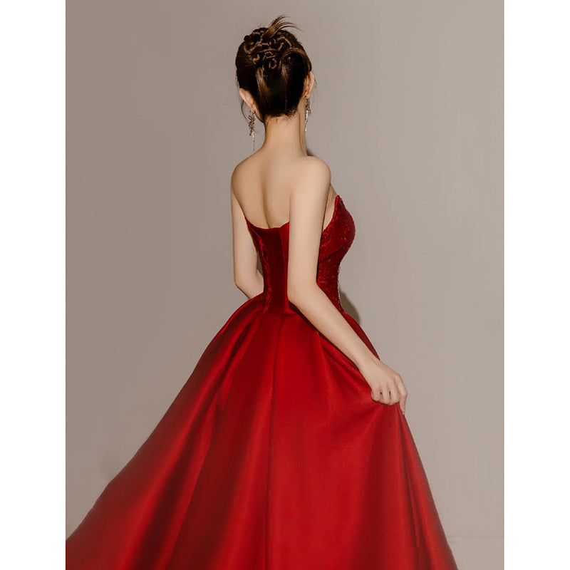 Banquet Light Luxury Annual Meeting Host Red Dress Bride Wedding Engagement Bra Toast Dress 0 - Tophatter Daily Deals