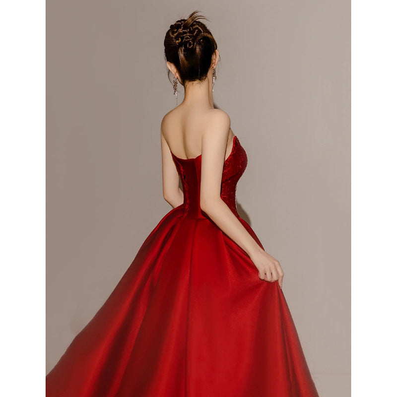 Banquet Light Luxury Annual Meeting Host Red Dress Bride Wedding Engagement Bra Toast Dress 0 - Tophatter Daily Deals