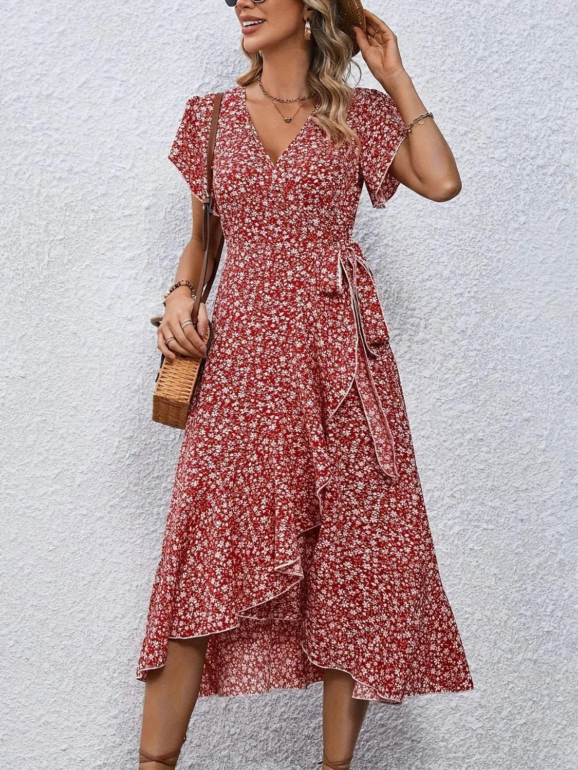 Printed Surplice Flutter Sleeve Midi Dress Casual Dresses - Tophatter Daily Deals