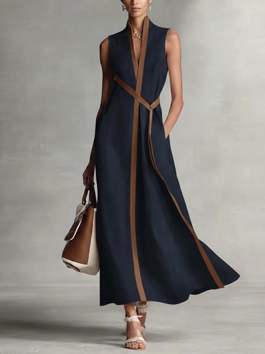 Women's Color Block Sleeveless Stand Collar Linen Blend Dress Women's Dresses - Tophatter Daily Deals
