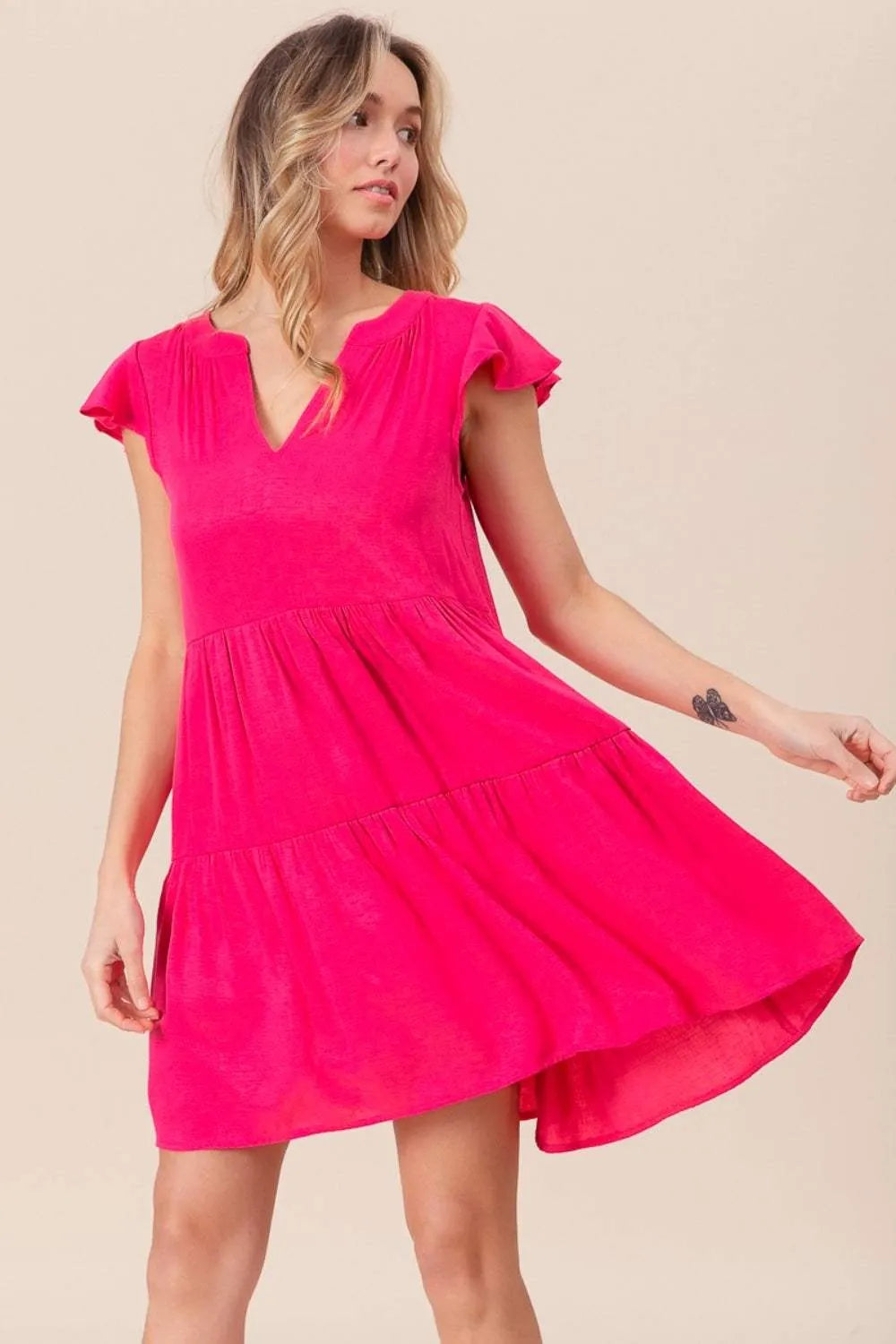 BiBi Textured Woven Tiered Dress With Ruffled Sleeves Casual Dresses - Tophatter Daily Deals