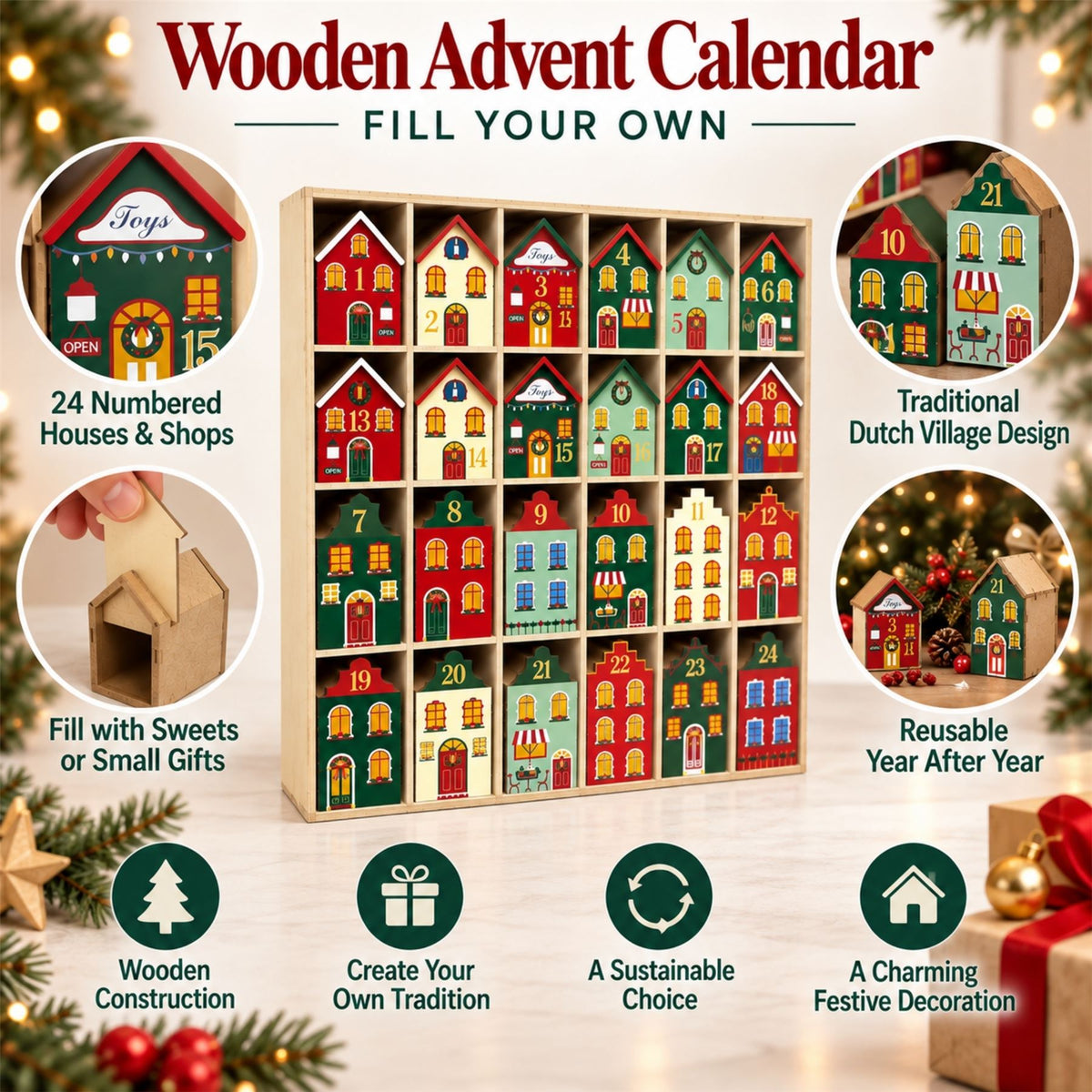 Fill Your Own Advent Calendar, Gisela Graham Reusable Wooden Dutch Village Advent Calendar - Tophatter Daily Deals