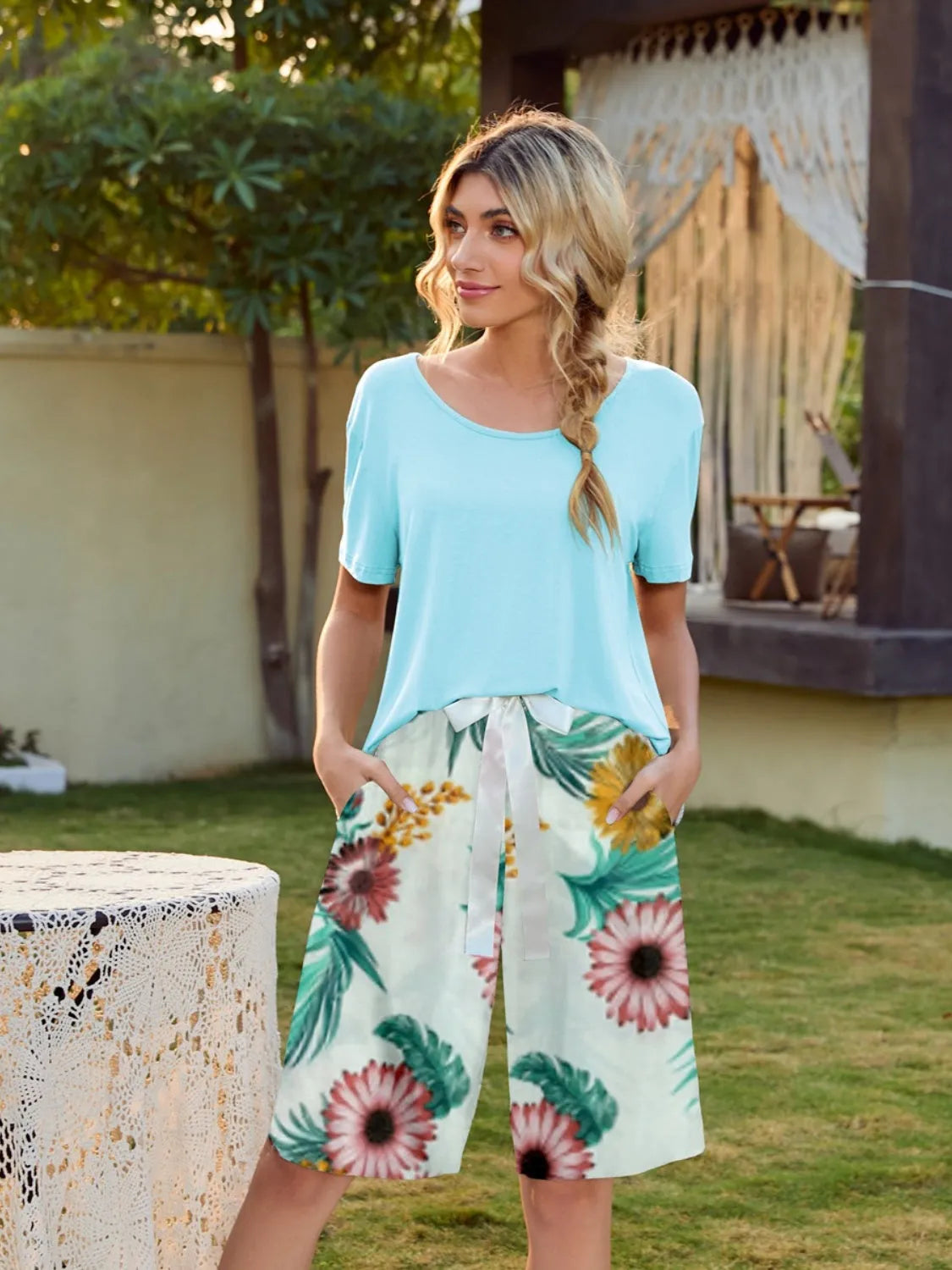 Short Sleeve Top and Printed Shorts Lounge Set Mint Blue Loungewear Sets - Tophatter Daily Deals