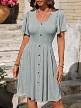 Decorative Button Scoop Neck Short Sleeve Dress Sage Casual Dresses - Tophatter Daily Deals
