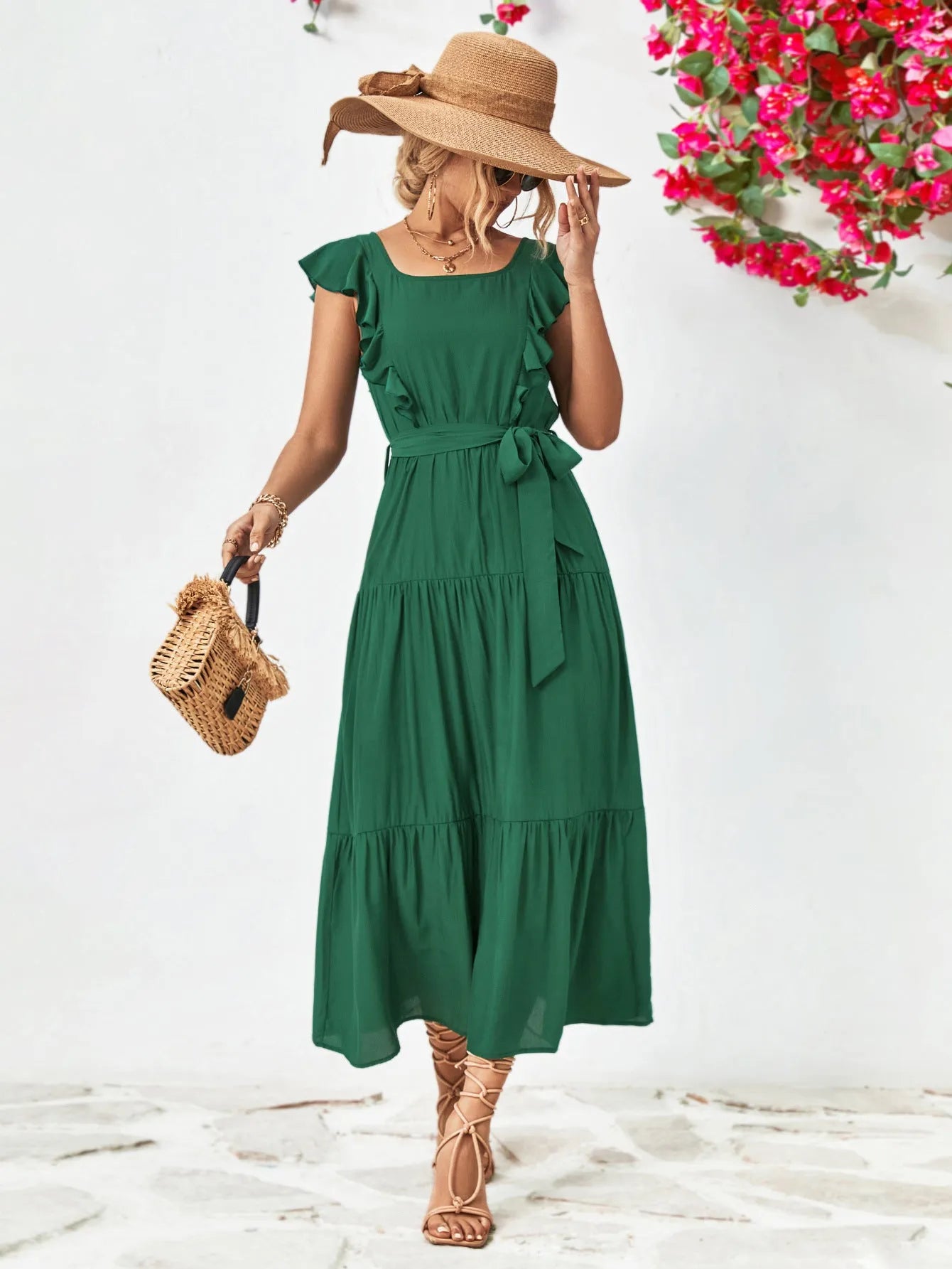 Tie Belt Ruffled Tiered Dress Casual Dresses - Tophatter Daily Deals