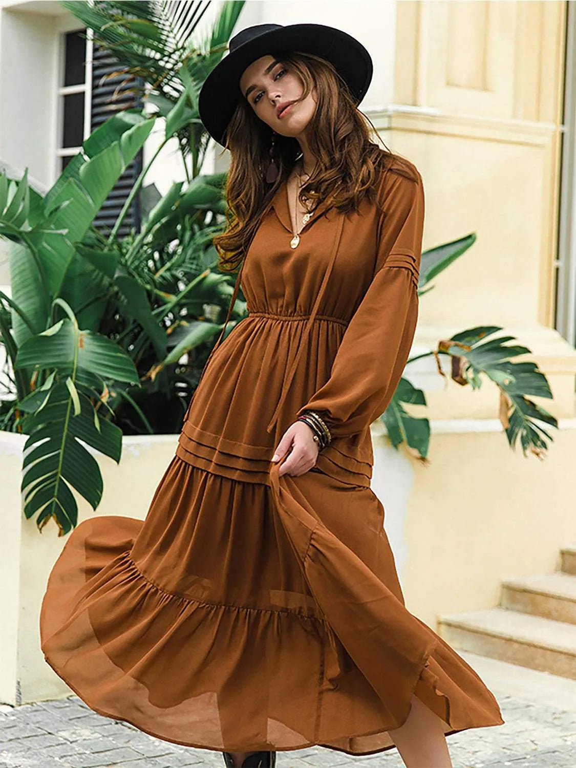 Tie Neck Long Sleeve Midi Tiered Dress Ochre Casual Dresses - Tophatter Daily Deals