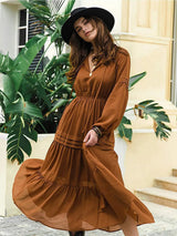 Tie Neck Long Sleeve Midi Tiered Dress Ochre Casual Dresses - Tophatter Daily Deals