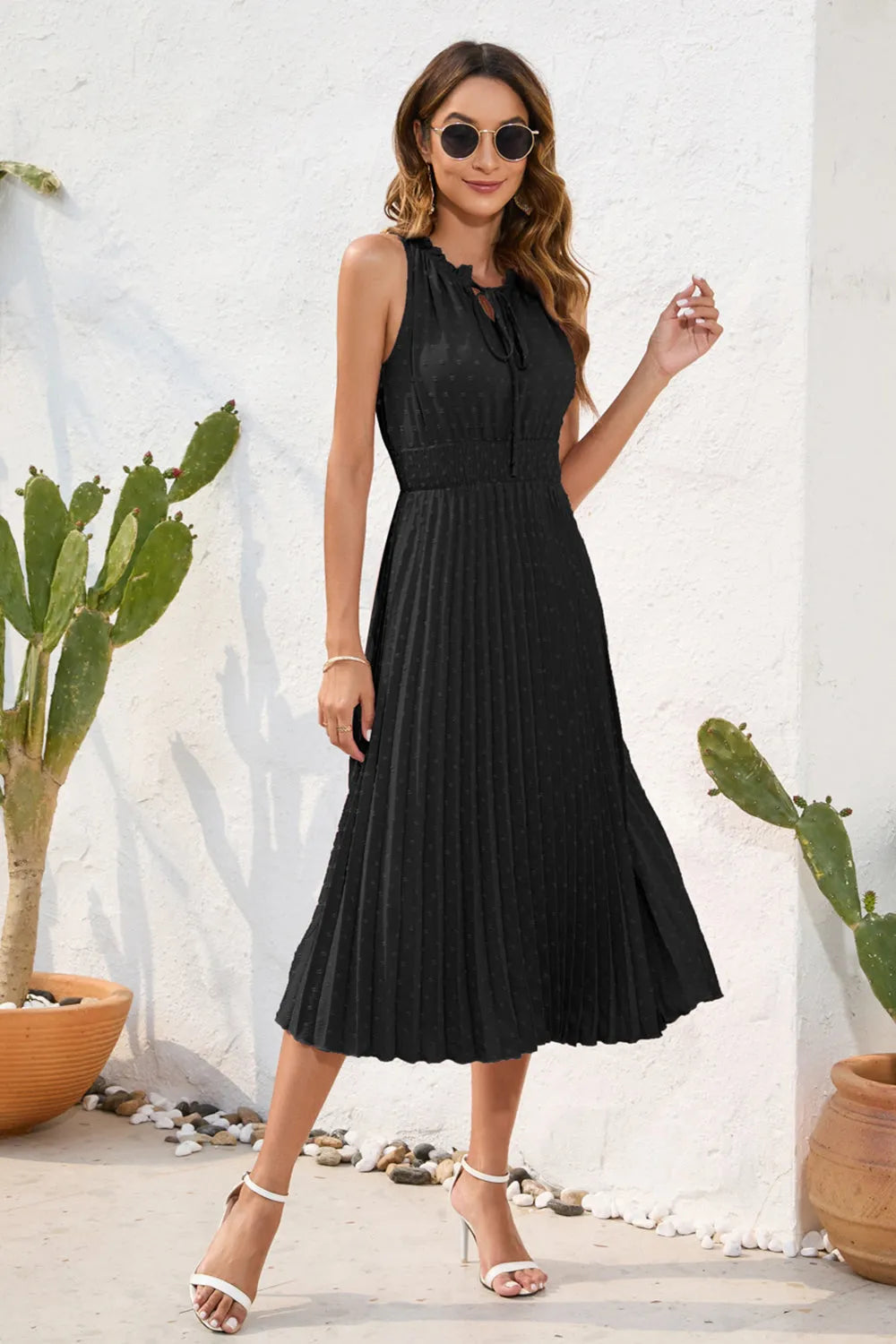 Swiss Dot Tie Neck Sleeveless Dress Black Casual Dresses - Tophatter Daily Deals