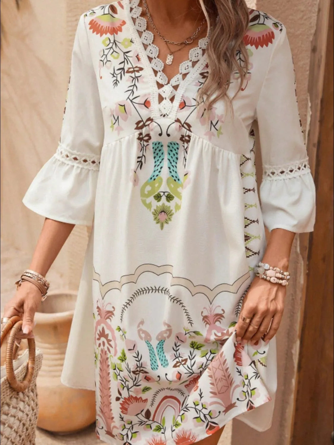 Lace Detail Printed Three-Quarter Sleeve Dress Casual Dresses - Tophatter Daily Deals