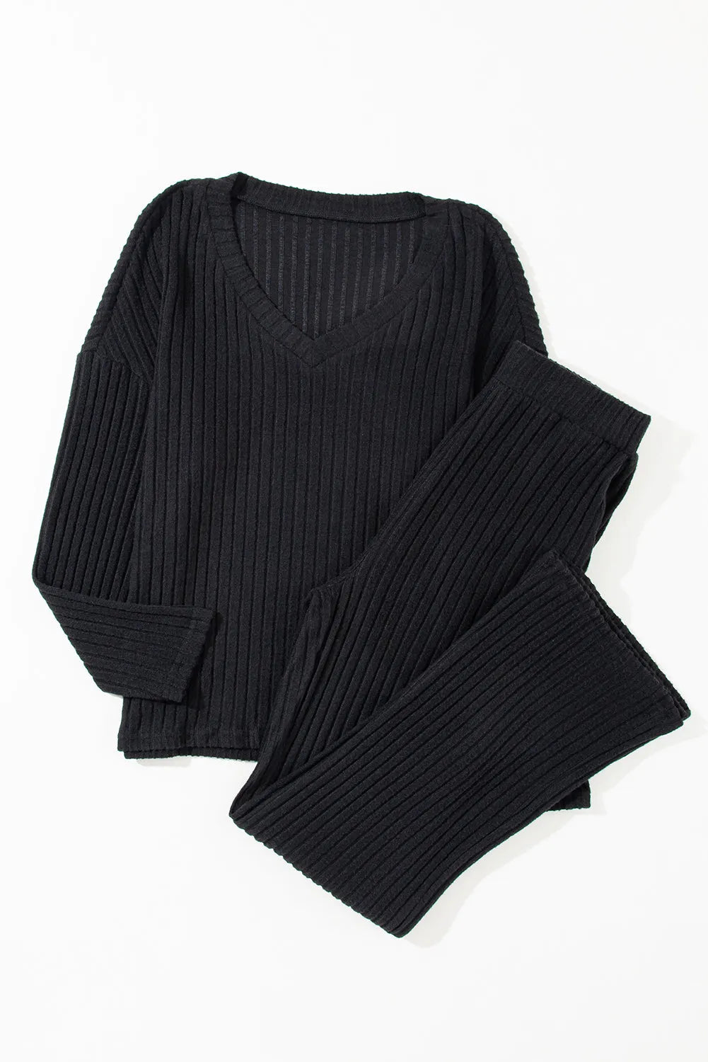 Black Ribbed Knit V Neck Slouchy Two-piece Outfit Loungewear & Sleepwear/Loungewear - Tophatter Daily Deals
