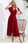 Ruffled Tied V-Neck Midi Dress Wine Casual Dresses - Tophatter Daily Deals