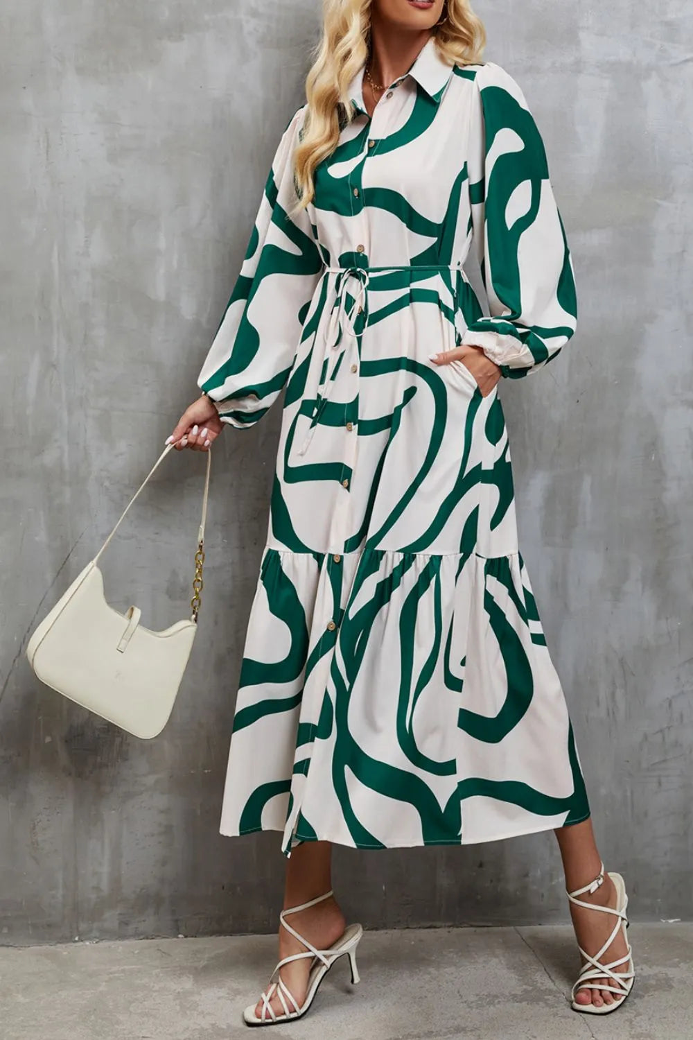 Tie-Waist Printed Button Up Dress Green Casual Dresses - Tophatter Daily Deals