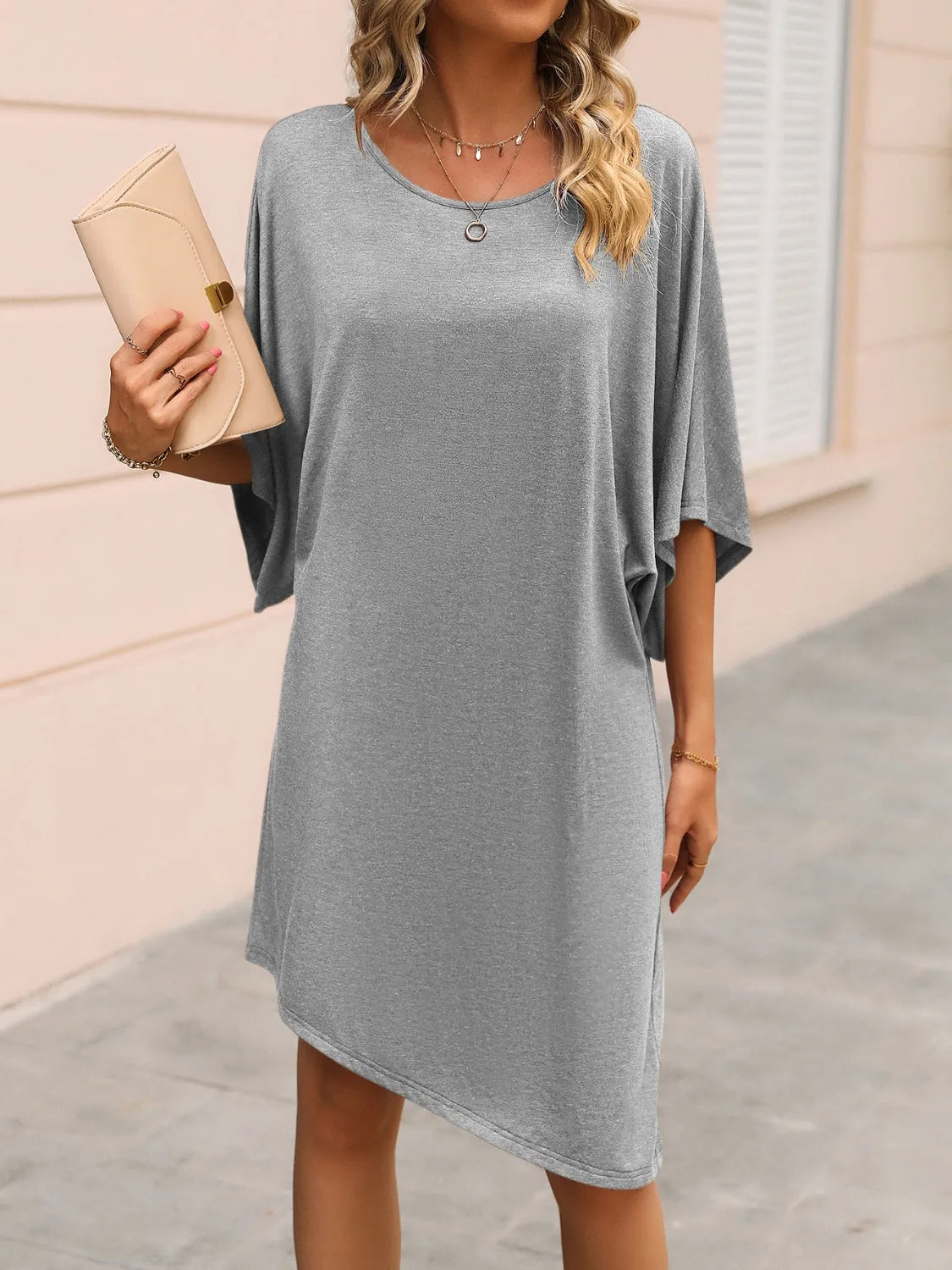 Round Neck Three-Quarter Sleeve Tee Dress Casual Dresses - Tophatter Daily Deals