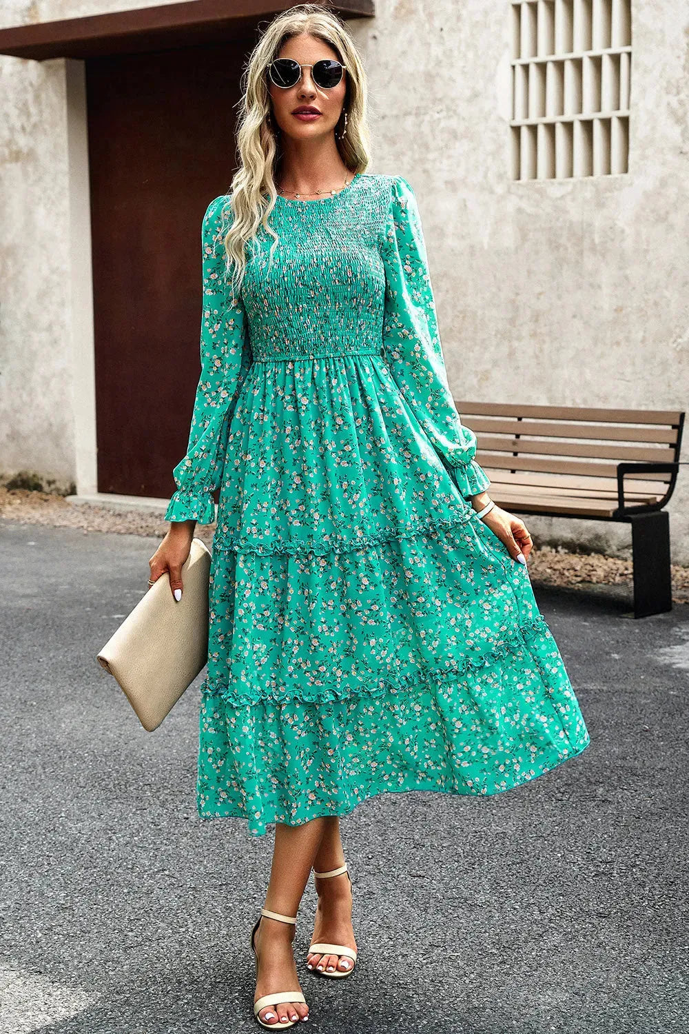 Smocked Flounce Sleeve Midi Dress Teal Casual Dresses - Tophatter Daily Deals
