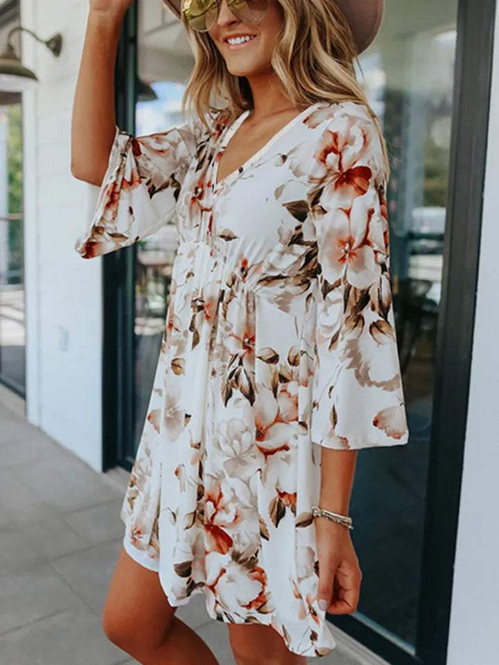 Floral V-Neck Three-Quarter Sleeve Dress Casual Dresses - Tophatter Daily Deals