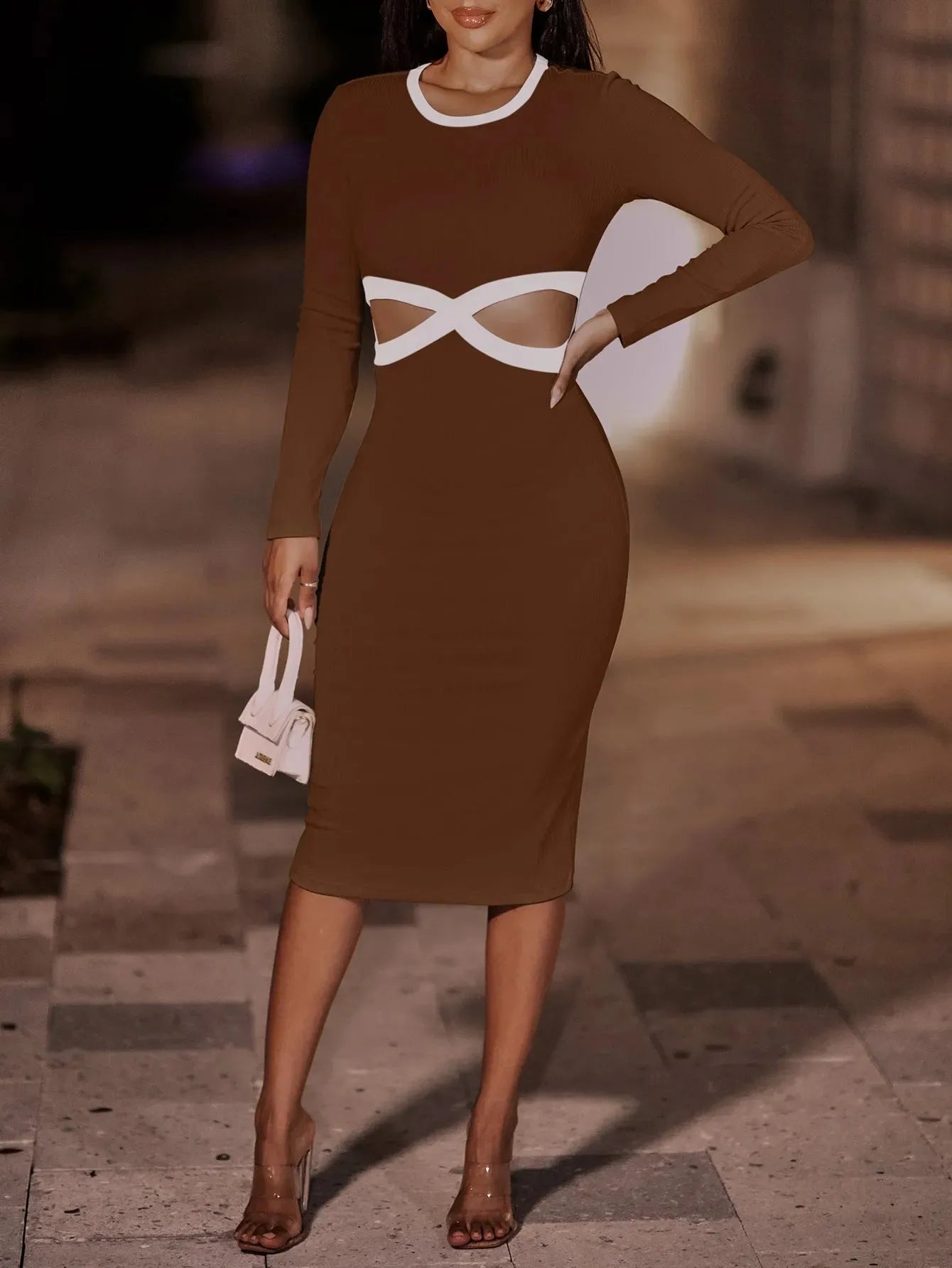 Contrast Cutout Ribbed Bodycon Dress Cocktail Dresses - Tophatter Daily Deals