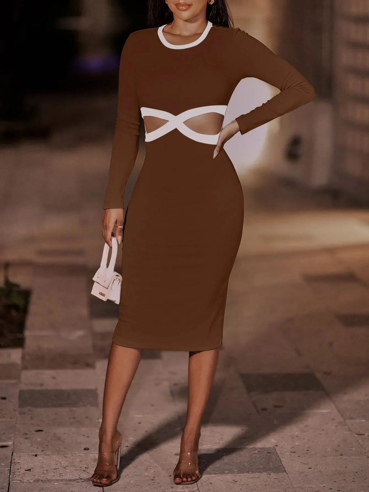 Contrast Cutout Ribbed Bodycon Dress Cocktail Dresses - Tophatter Daily Deals