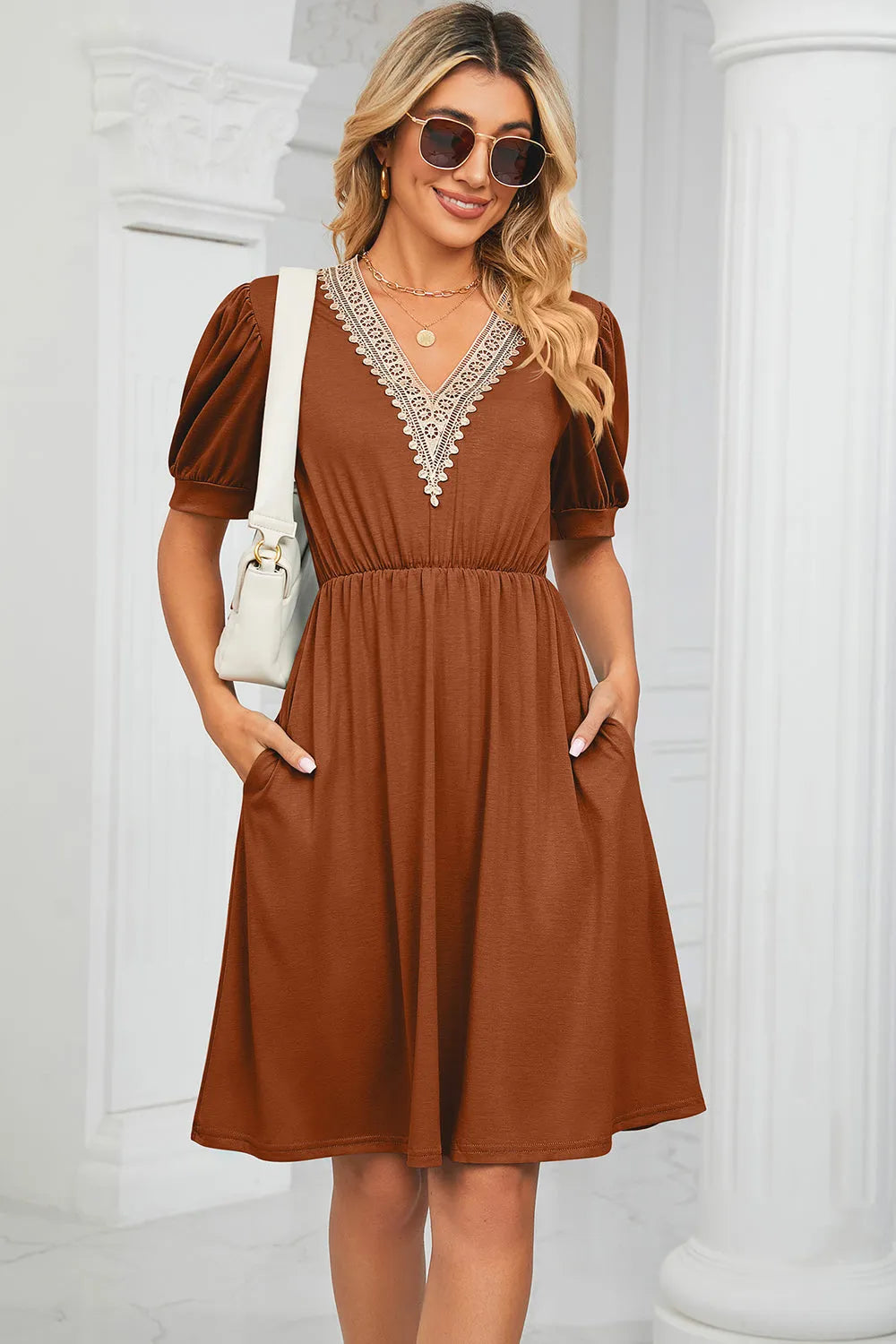 V-Neck Puff Sleeve Dress Casual Dresses - Tophatter Daily Deals