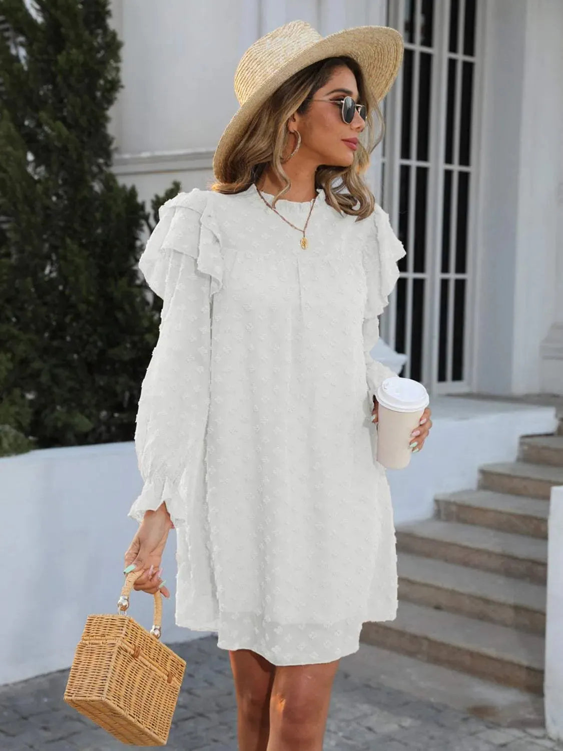 Swiss Dot Mock Neck Flounce Sleeve Dress Casual Dresses - Tophatter Daily Deals