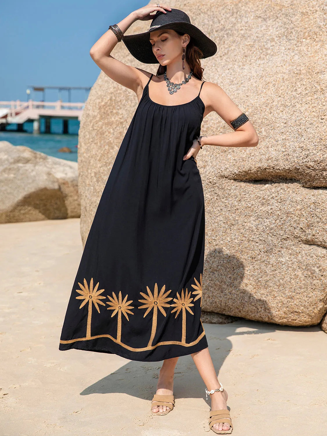 Embroidered Scoop Neck Midi Cami Dress Casual Dresses - Tophatter Daily Deals